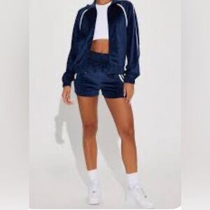 Fashion Nova Old School Velour Navy Track Jacket and Shorts Set Size XS